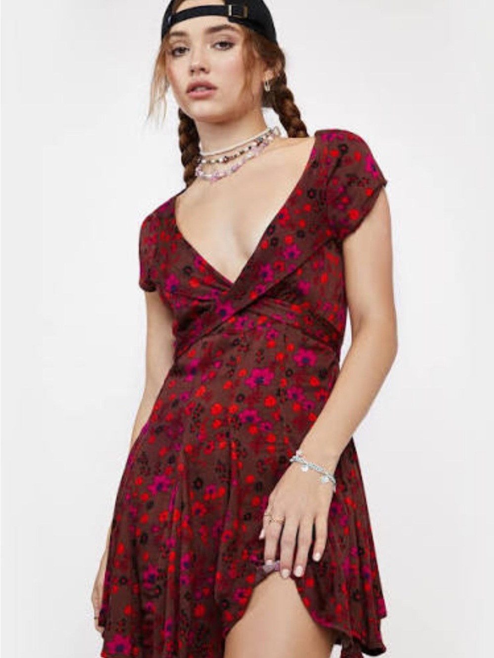 Free People V-Neck Short Dress in Burgundy and Fuchsia XS Jersey knit
